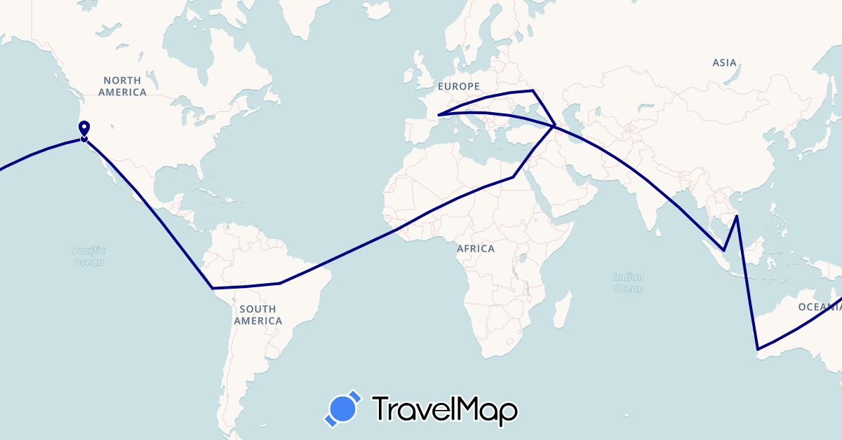 TravelMap itinerary: driving in Australia, Brazil, Egypt, France, Georgia, Peru, Singapore, Sierra Leone, Ukraine, United States, Vietnam (Africa, Asia, Europe, North America, Oceania, South America)